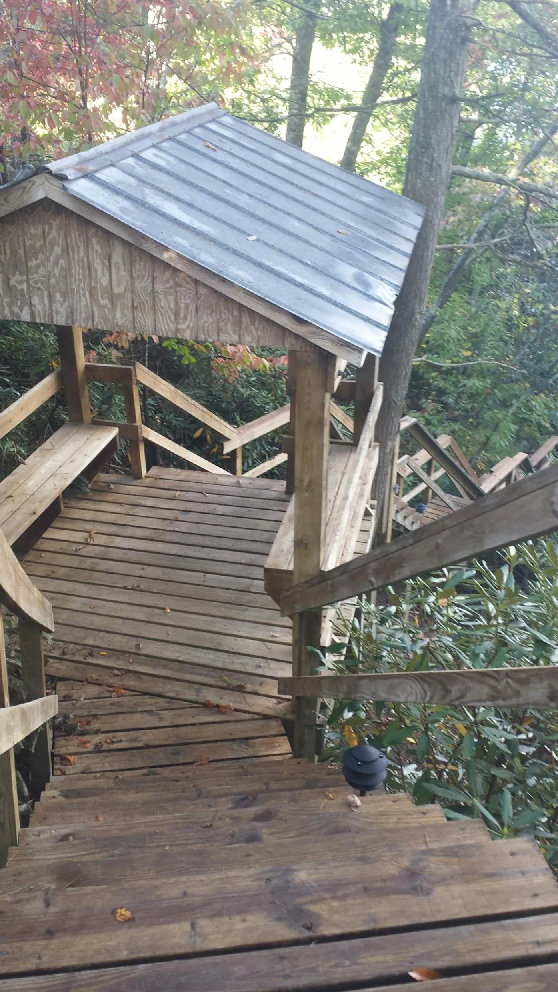 Metal roofed shelter over wooden steps on a wooded walkway — Skylight Repair & Installation work by our crew in Pike Road